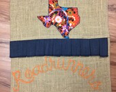 Roadrunners UTSA burlap pillow cover with Mexican dress applique
