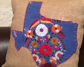 Cornflower Mexican dress Texas with orange trim on 18 quot x 18 quot on burlap pillow cover - ready to ship
