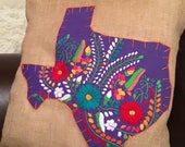 Purple Mexican dress with orange trim on 18 quot x 18 quot burlap pillow cover - ready to ship