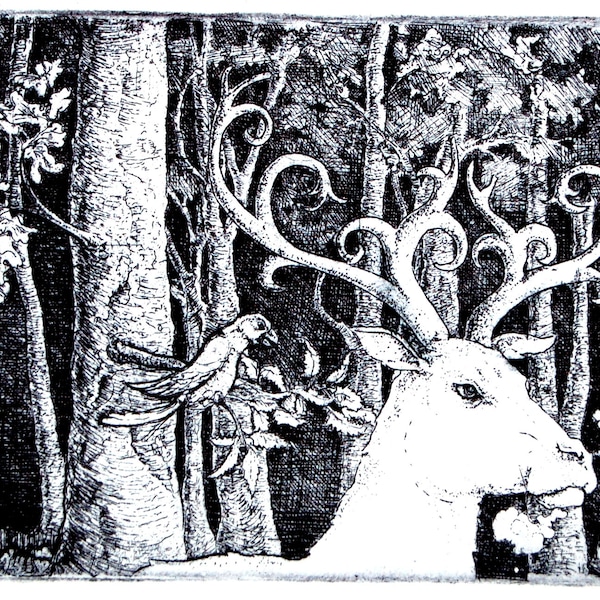 Reindeer in the Woods  Etching Print