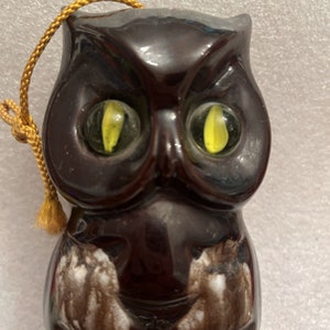Vintage MCM Retro Owl Brown Glazed Pottery w/Glass Marble Eyes Wood Bell Norcrest