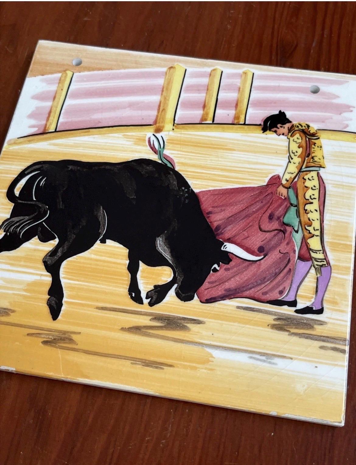 Vintage Spanish Bull Fight Ceramic Tile Mutador Bull Tile Mediterranean ...