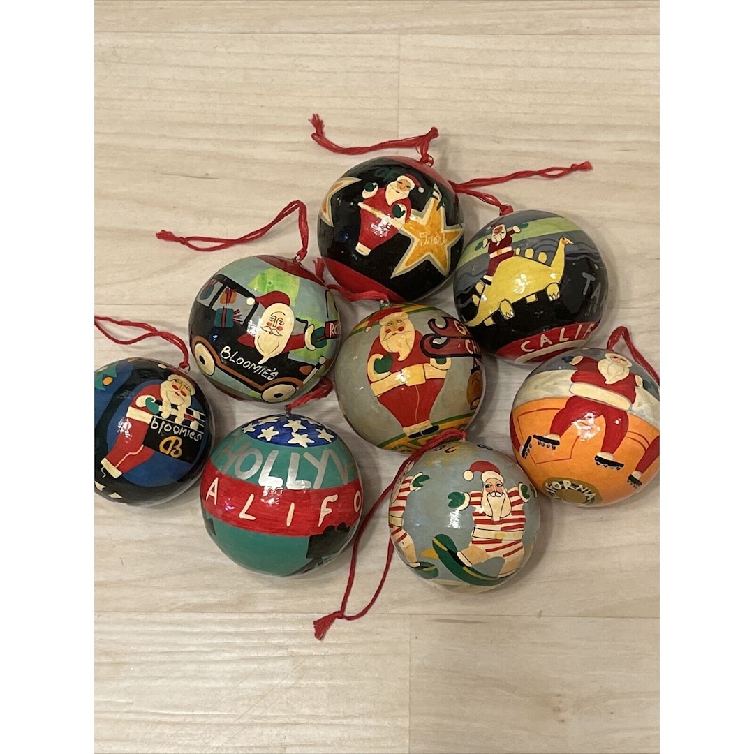 Paper Mache Christmas 8 Ornaments Santa Vintage Pier One Shiny Colorful Etsy