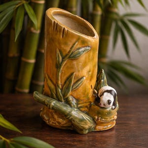 May include: A ceramic vase with a bamboo design in shades of yellow and green. The vase features a panda bear figurine resting on a bamboo stalk. The background includes bamboo stalks and leaves.