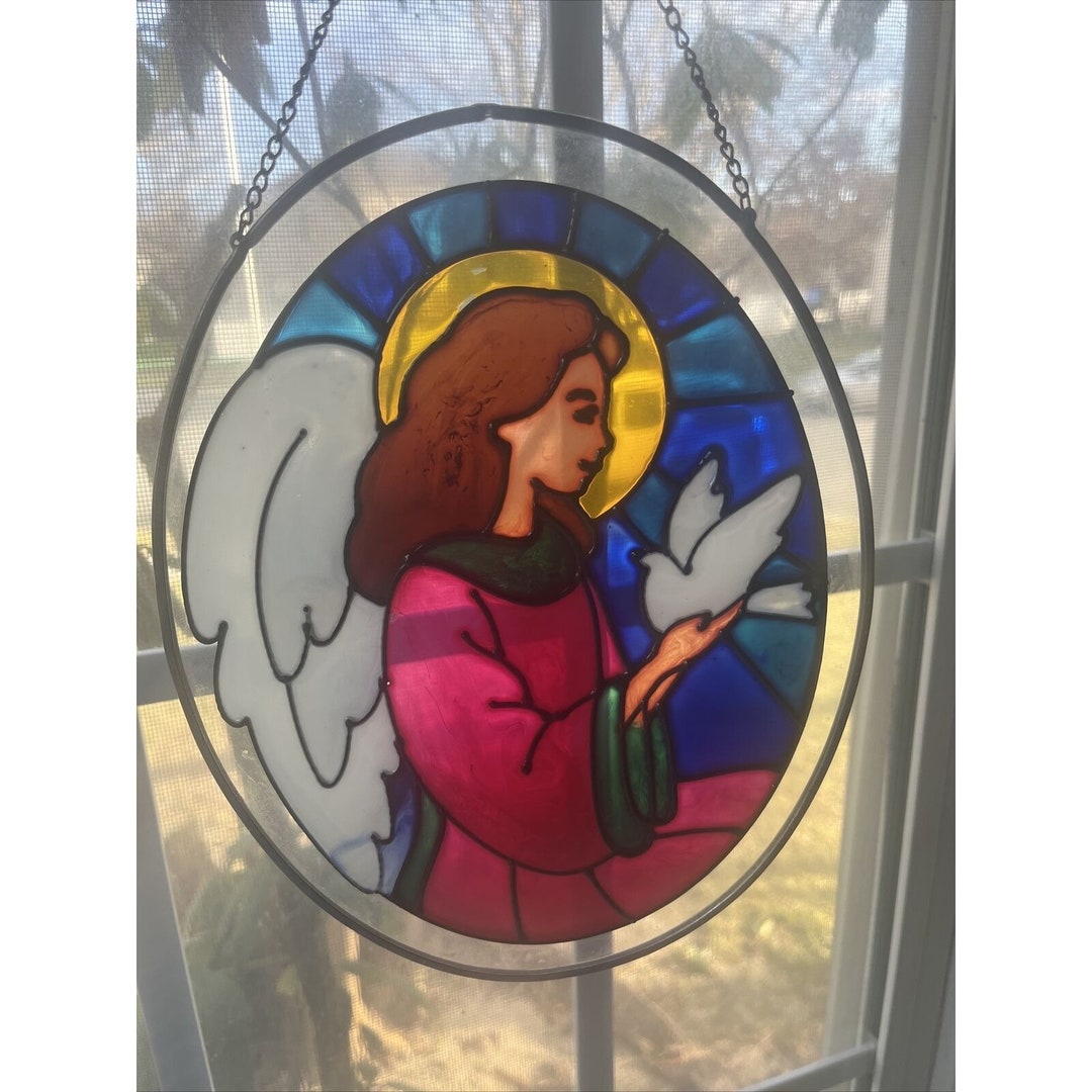 Stained Glass Sun Catcher Window Angel With Dove Oval 7x9 - Etsy