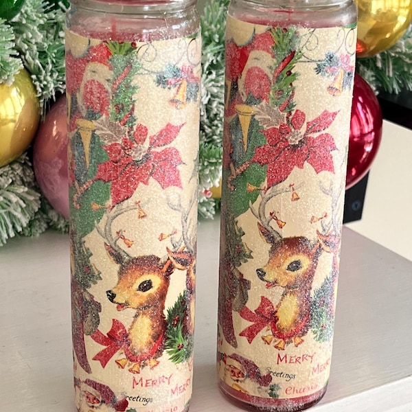 Sugar Frosted Retro 60s Inspired Pillar Candles Pair Nostalgic Scene  Reindeer Santa