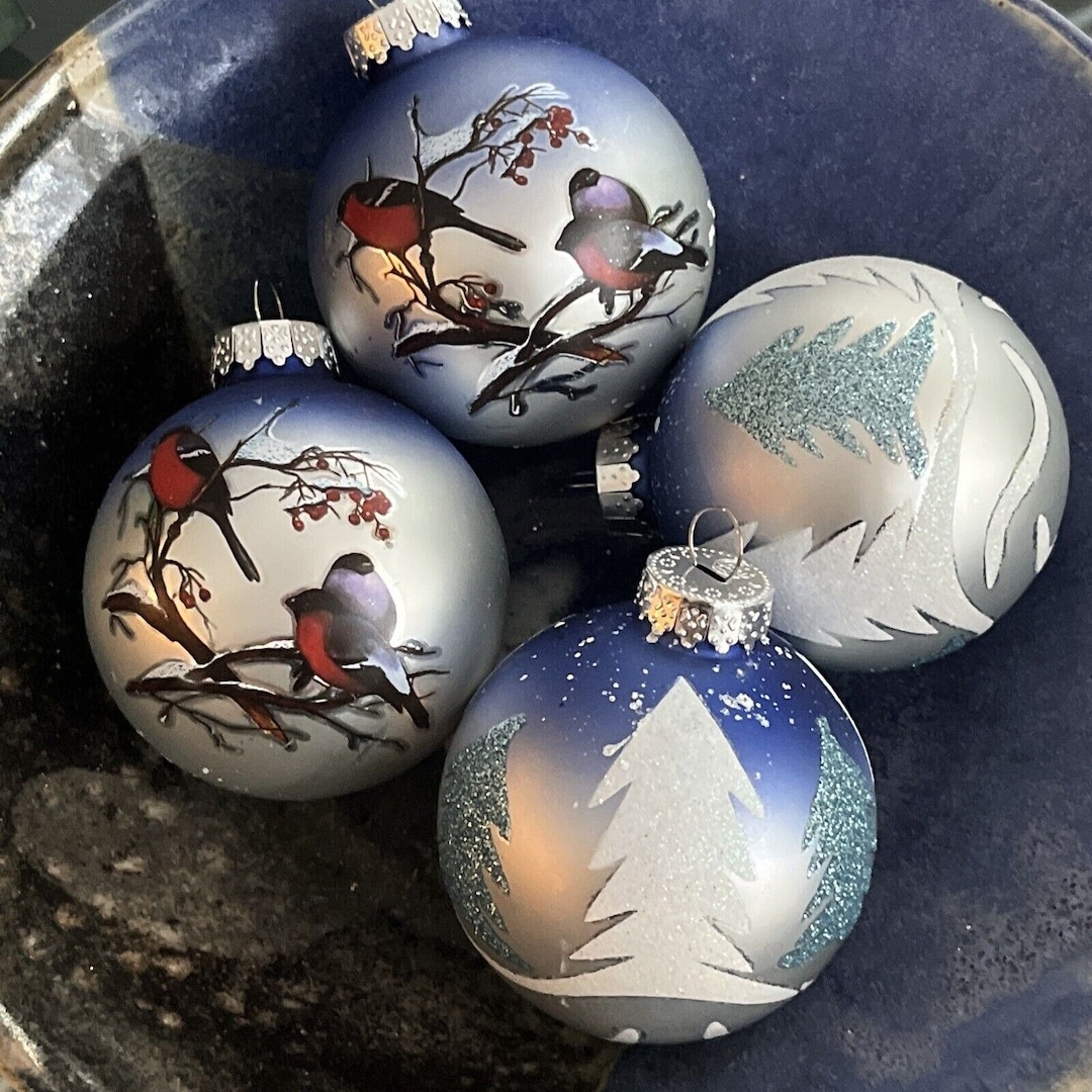 Glass Bird Christmas Ornaments 4 Hand Painted Blue Red Cardinals G&D Blown Etsy