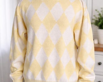 Vintage 80's Cotton Yellow & Gray Argyle Diamond Sweater - Etsy
