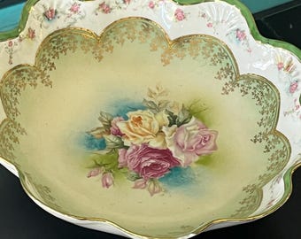 Shabby Chic Vintage Floral serving bowl Floral 10” Scalloped Edge Cottagecore