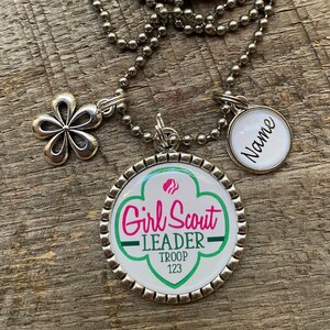 I&#39;m A Girl Scout Troop Pack LEADER Bridging Custom Antique Silver Flat Bezel Pendant Charm Necklace Keychain ~ Unique Gift for CHRISTmas!