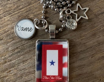 Niebieska gwiazda, matka, dumna USA, amerykańska flaga, wojskowy wisiorek, szklany kaboszon, naszyjnik lub brelok ~ wspaniały prezent na BOŻE NARODZENIE!