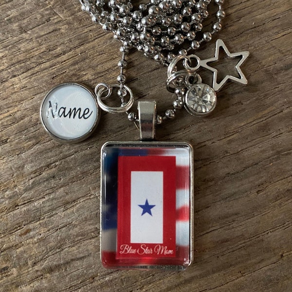 Blue Star Mother Mom Proud USA American Flag Military Charm Glass Cabochon Necklace or Keychain ~ Great Gift for CHRISTmas!