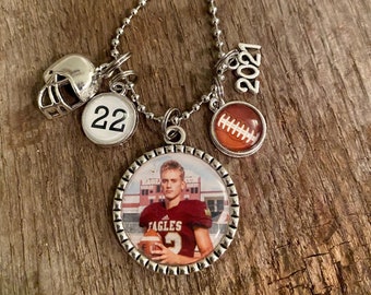 SENIOR NIGHT Football Custom Photo Personalized Jersey Player Name Number Mascot Graduation Year Pendant Charm Necklace or Keychain