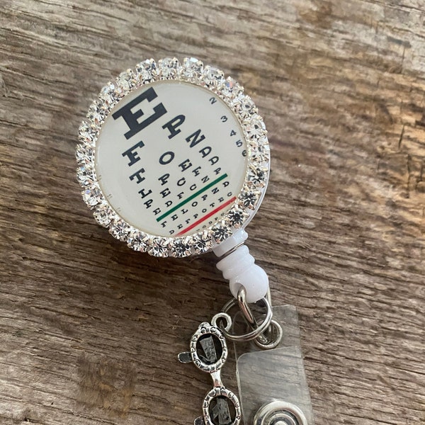 Snellen Eye Chart Retractable Badge Reel White Optometrist Optician Ophthalmologist Bling Rhinestone c/ Glide Clip ~ Great CHRISTmas Gift!