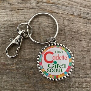 I'm A CADETTE Girl Scout Troop Pack Bridging Custom Antique Silver Flat Bezel Pendant Charm Necklace Keychain ~ Unique Gift for CHRISTmas! zdjęcie 5