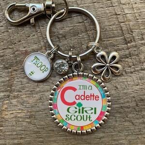 I'm A CADETTE Girl Scout Troop Pack Bridging Custom Antique Silver Flat Bezel Pendant Charm Necklace Keychain ~ Unique Gift for CHRISTmas! zdjęcie 6