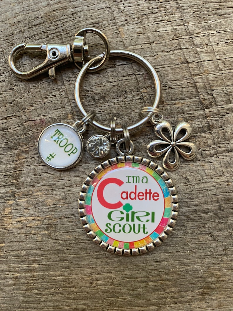 I'm A CADETTE Girl Scout Troop Pack Bridging Custom Antique Silver Flat Bezel Pendant Charm Necklace Keychain ~ Unique Gift for CHRISTmas! zdjęcie 6