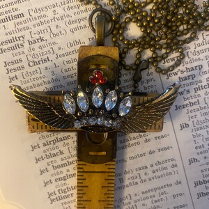 Religious Jesus Vintage Carpenter's Cross Upcycled Folding Ruler with Jeweled Crown with Angel Wings on Chain image 2