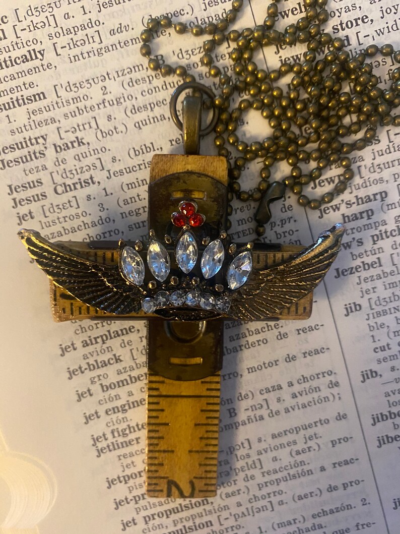 Religious Jesus Vintage Carpenter's Cross Upcycled Folding Ruler with Jeweled Crown with Angel Wings on Chain image 2