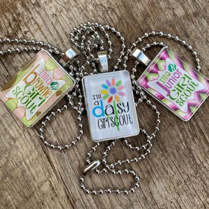 I&#39;m A Brownie Daisy OR Junior Girl Scout Scouts Troop Pack Bridging Custom Personalized Silver Glass Pendant Necklace Girls Gift Unique!