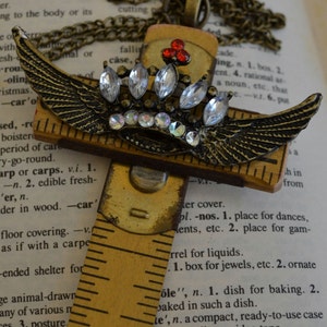 Religious Jesus Vintage Carpenter's Cross Upcycled Folding Ruler with Jeweled Crown with Angel Wings on Chain image 3