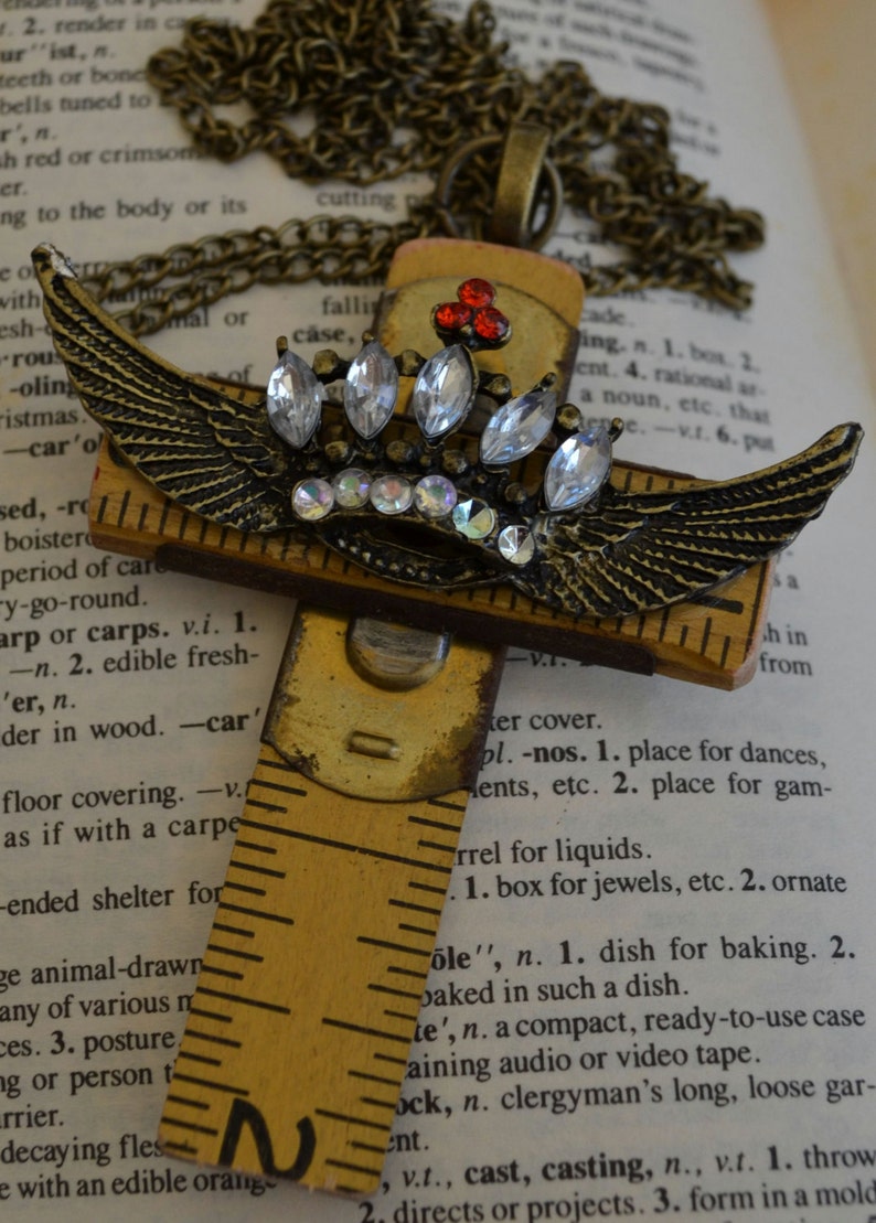 Religious Jesus Vintage Carpenter's Cross Upcycled Folding Ruler with Jeweled Crown with Angel Wings on Chain image 3