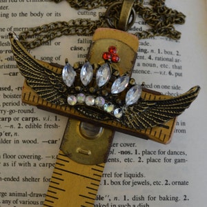 Religious Jesus Vintage Carpenter's Cross Upcycled Folding Ruler with Jeweled Crown with Angel Wings on Chain image 1