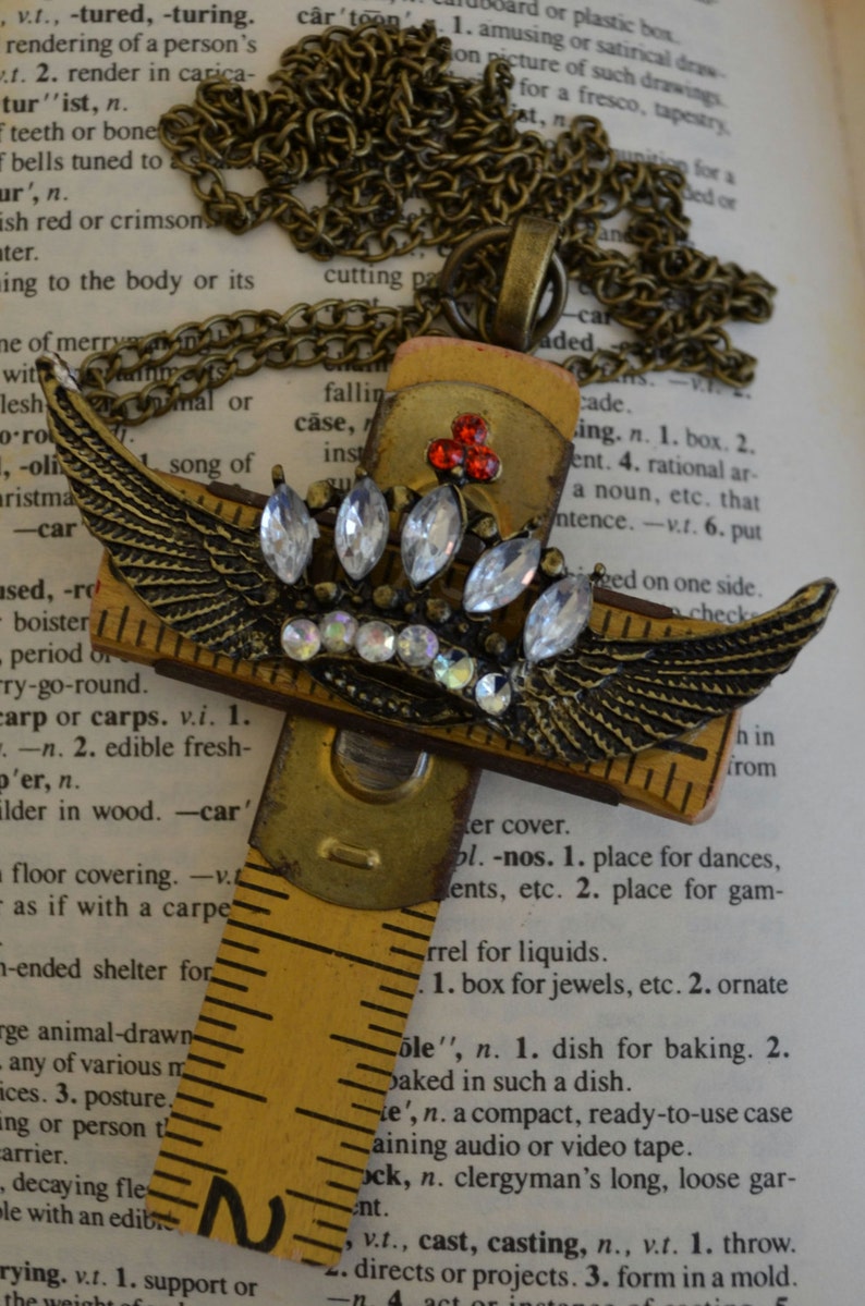 Religious Jesus Vintage Carpenter's Cross Upcycled Folding Ruler with Jeweled Crown with Angel Wings on Chain image 1