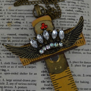 Religious Jesus Vintage Carpenter's Cross Upcycled Folding Ruler with Jeweled Crown with Angel Wings on Chain image 5