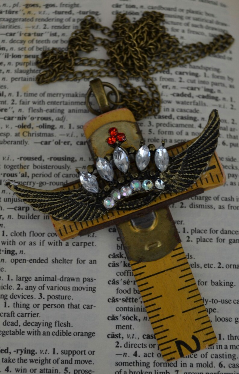 Religious Jesus Vintage Carpenter's Cross Upcycled Folding Ruler with Jeweled Crown with Angel Wings on Chain image 5