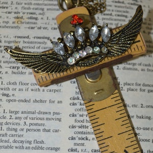 Religious Jesus Vintage Carpenter's Cross Upcycled Folding Ruler with Jeweled Crown with Angel Wings on Chain image 4