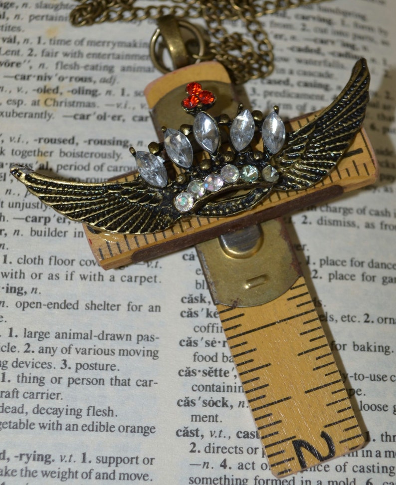 Religious Jesus Vintage Carpenter's Cross Upcycled Folding Ruler with Jeweled Crown with Angel Wings on Chain image 4