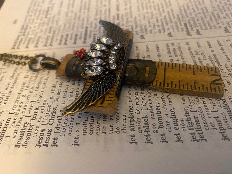 Religious Jesus Vintage Carpenter's Cross Upcycled Folding Ruler with Jeweled Crown with Angel Wings on Chain image 8