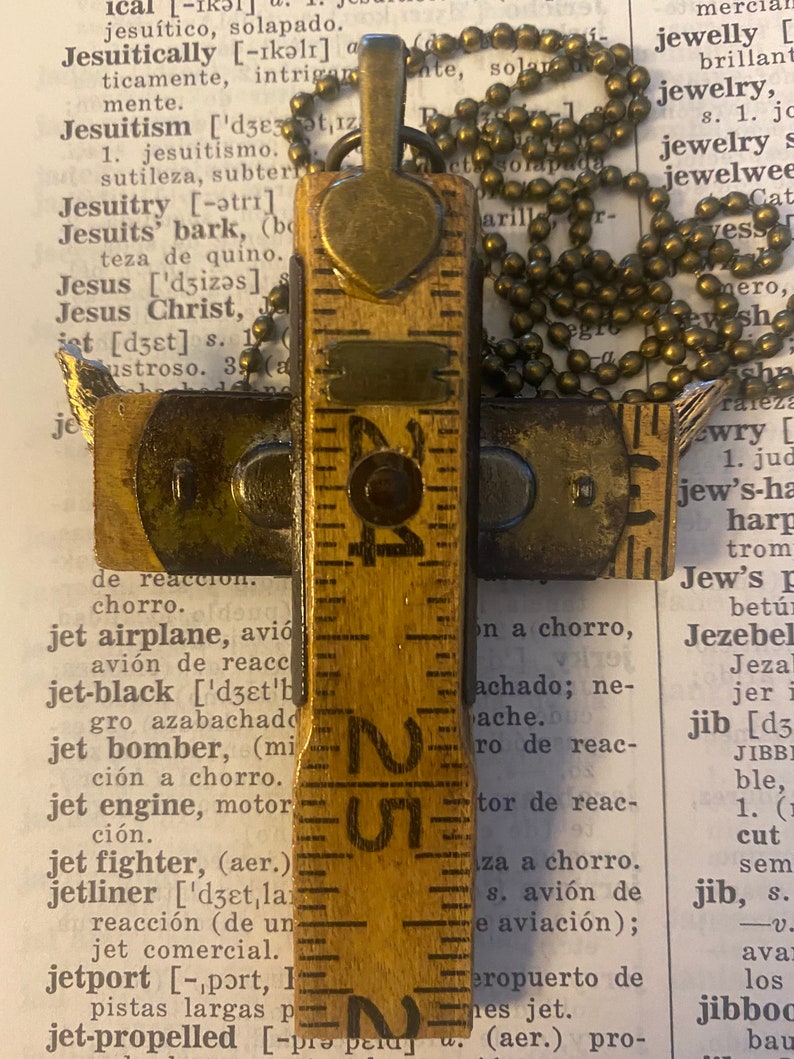 Religious Jesus Vintage Carpenter's Cross Upcycled Folding Ruler with Jeweled Crown with Angel Wings on Chain image 7