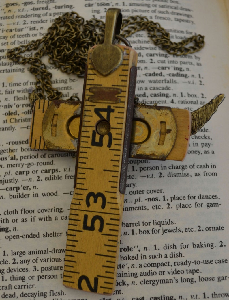 Religious Jesus Vintage Carpenter's Cross Upcycled Folding Ruler with Jeweled Crown with Angel Wings on Chain image 6