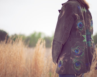 Hand Painted/ Peacock Feather/ Aztec/ Native Indian Design/ Womens