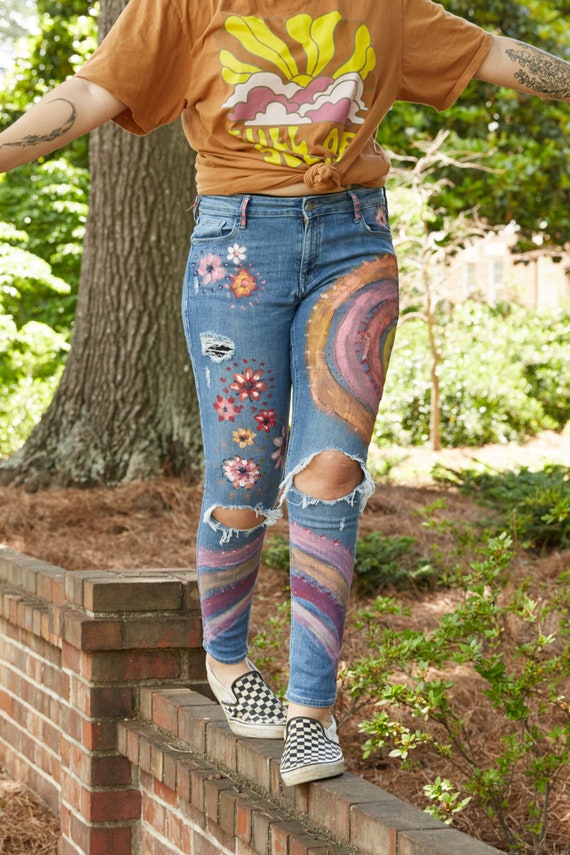 Custom Hand Painted / Hippie Chic Flower Child Jeans 