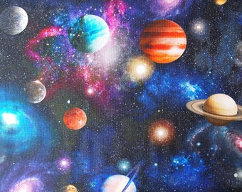 Out of this World Planets Digital Print Fabric, 100% Cotton Sold by the Metre. UK Seller. 150cm (59'') wide
