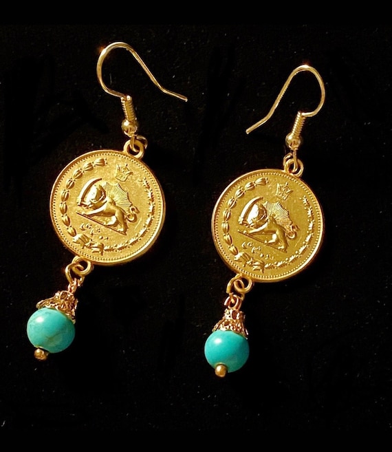Turquoise Earrings with 18k Gold Pahlavi Coin for Elegent Jewelry Gift