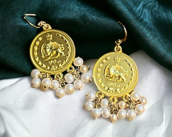 Pearl Coin Earrings, Dah Shahee Coin Style Earrings. Dangle and Drop Coin Earrings with Pearls.  Vintage Style Persian Art. 18k Gold Plated