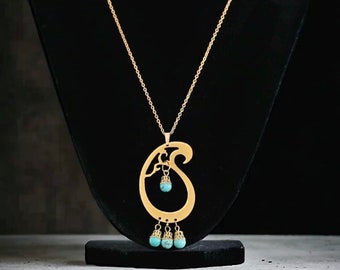 Paisley Gold Necklace with Multicolor Turquoise Besds, 18k Gold Plated, Old Pearsian Style, Unique Fashion Jewelry, Gift of Love for Her