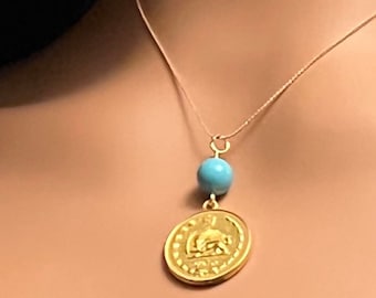 Gold Coin Necklace with Turquoise Bead, Dah Shahee Coin Style, Vintage Persian Necklace, Pahlavi Coin Style in 18k Gold Plated, Valentines