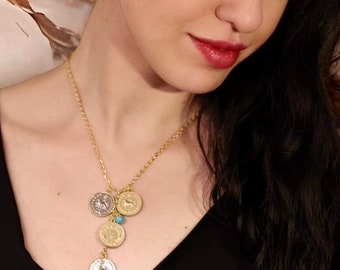 Pahlavi Coin Necklace adorned with four Old Fashion Yek Geroonie coin Style in 18k Gold Plated, Merging History With Elegence, Gift Of Love