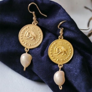 Pearl Coin Earrings, Dah Shahee Coin Style Earrings. Dangle and Drop Coin Earrings with Pearls.  Vintage. Persian Art. 18k Gold Plated.