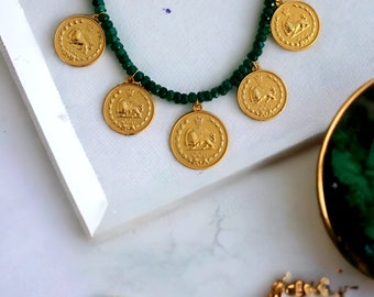 Pahlavi Gold Coin Necklace with Choice of Saphire or Emerald Beads, Antique Pahlavi Coin Style, 18k Gold Plated, Yek Gerooni Coin, Gift Idea