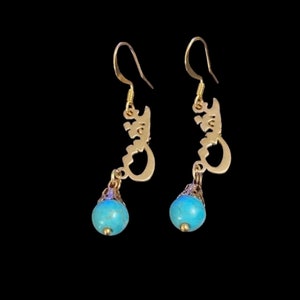 Gold Turquoise Earrings of Love  in 18k Gold Plated, All Handmade Hypoallergenic, Anti Fade, Persian Caliography, Valentines Gift For Her