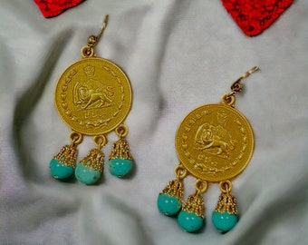 Turquoise Gold Coin Earrings, Multicolored Turquoise Beads, Dah Shahee Coin Style, Old Fashion Persian Style Earrings, Valentine Love Gift