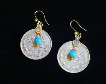 Silver Pahlavi Coin Earrings: Turquoise Firoozeh Beads, Persian Jewelry