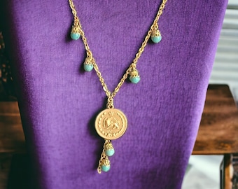 Gold Necklace Adorned With turquoise Beads and Pahlavi Coins in 18k Gold Plated, Exquisite blend of elegance and tradition, Gift of Love