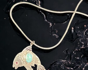 Angel Fish Necklace in  925 Silver  with Genuine Sky Blue Turquoise, One of a Kind Unique Jewelry, Mahi Necklace Symbolize Walth, Prosperoty